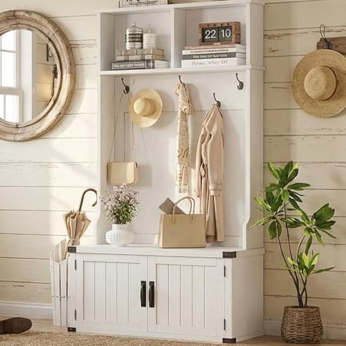 Farmhouse Entryway Hall Tree with Bench, Shoe Storage, and Coat Rack