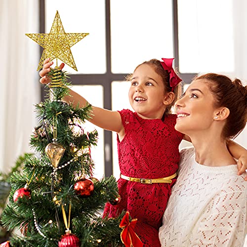 Gold Glitter Star Christmas Tree Topper - 10-Inch Hollow Metal Tree Decor