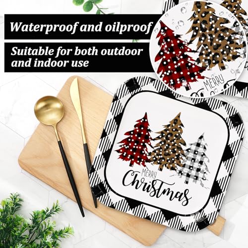 Whaline Christmas Plaid Tree Square Paper Plates 9 Inch - Holiday Party Supplies
