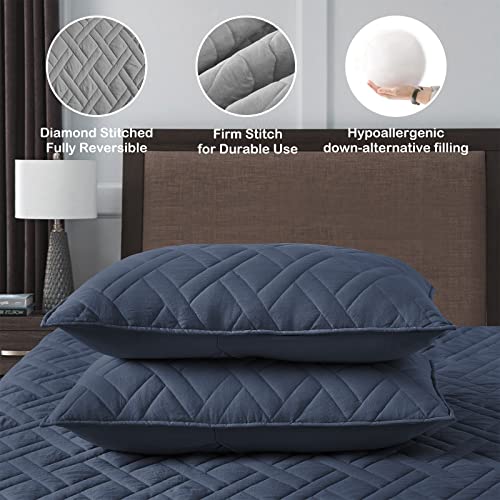 HORIMOTE HOME Queen Quilt Set Navy Blue Diamond Stitched Bedspread 3-Piece