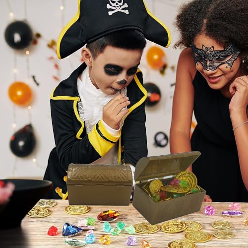 Vintage Pirate Treasure Chest Toy Box with Gold Coins and Gems