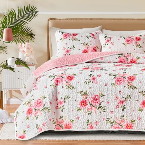 UOZZI BEDDING Queen Size Floral Quilt Set - 3-Piece Microfiber Bedspread