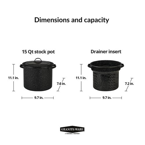 Granite Ware 7.5 Qt 3 Piece Multiuse Pasta Pot Set, Strainer Pot with lid. (Speckled Black) Seafood, Soups, Sauce, Large Capacity. Easy to Clean. Dishwasher Safe.