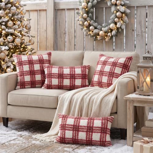 Artmag Christmas Throw Pillow Covers 20x20 Inch Set of 2 Buffalo Plaid Decorative Pillow Covers in White and Red