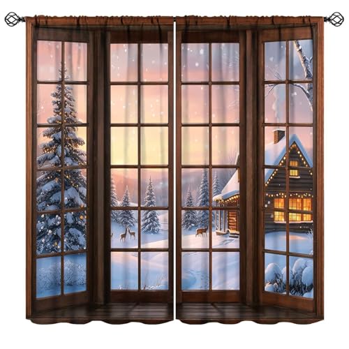 Snowy Christmas Landscape Curtains Pack of 2 - Rustic Winter Forest Scene, Blackout Window Treatments, 21" W x 45" L