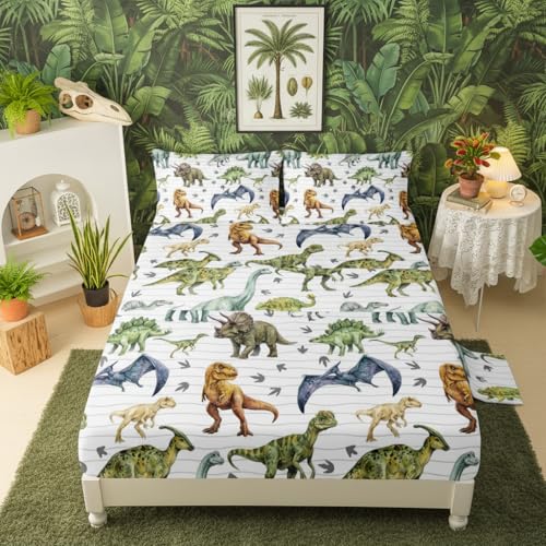 4-Piece Dinosaur Twin Sheet Set - Kids Jurassic Bedding with Deep Pocket