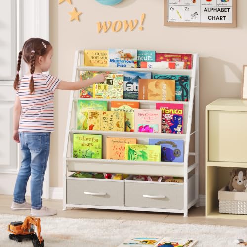 4-Tier Kids Bookshelf with Toy Storage Drawers and Canvas Pockets