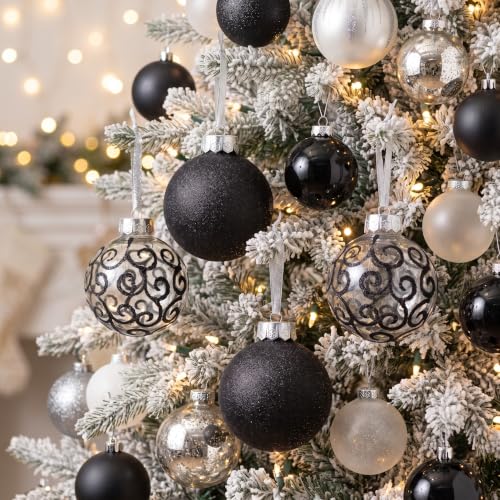 Sleetly Shimmer Swirl Black 4.72in Ornament Set — 8 Large Christmas Balls & Snowflakes