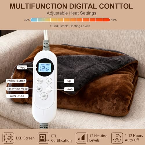 Electric Heated Throw Blanket 50x60, Soft Dual-Sided Flannel with 12 Settings