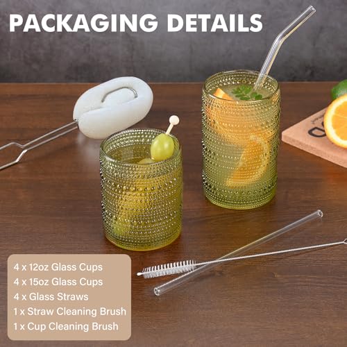 Vintage Hobnail Drinking Glasses Set, Embossed Green Glass Tumblers (8-Piece)