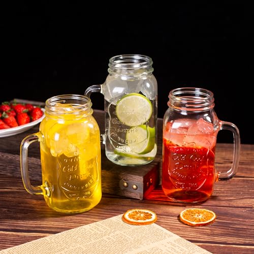 24 OZ Mason Jar Drinking Glasses with Handle - Set of 4, Dishwasher Safe