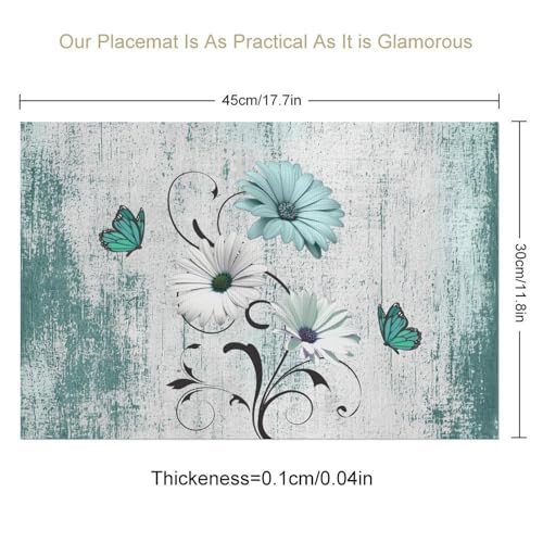 Retro Daisy Teal Floral Farmhouse Placemats Set of 6 - 12x18in, GARSYDAM, 6pcs, Daisy01