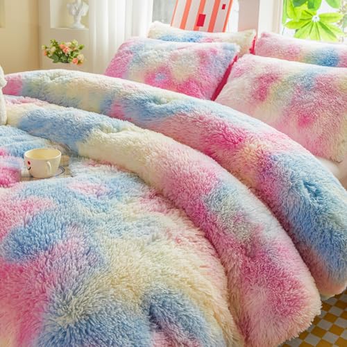 Faux Fur Rainbow Comforter Set for Kids - 3PC Twin/Full