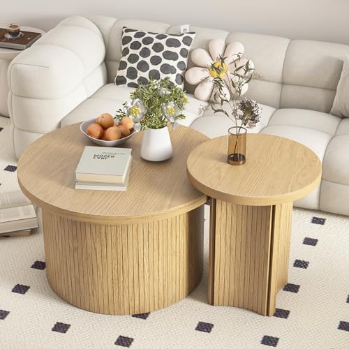 Round Nesting Coffee Table Set of 2, Rustic Wood Finish Stackable Side Tables