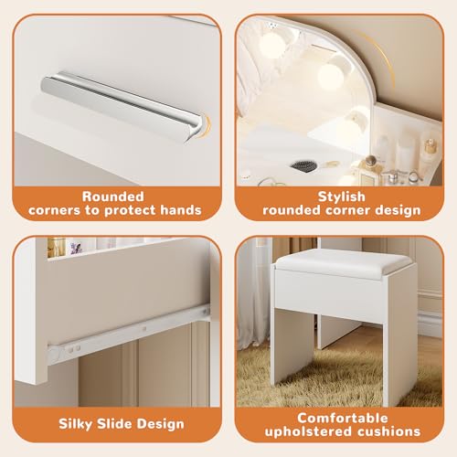 Small Makeup Vanity Desk with Mirror, Lights, Stool, and Charging Station