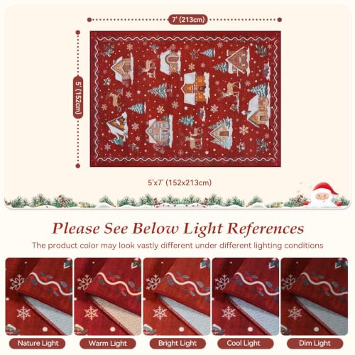 LIVEBOX 5x7 Christmas Washable Area Rug Red Scalloped Reindeer Snow Scene