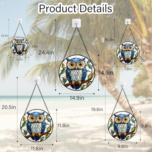 Blue Owl Bird Theme Stained Glass Suncatcher 15" Window Hanging