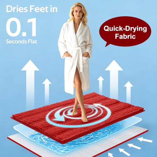 ACCUMTEK Red Christmas Striped Bathroom Rug Set 3 Pieces, Thick Chenille Non-Slip Mats, 2'8"x1'8" + 2'x1'5" U-Shape