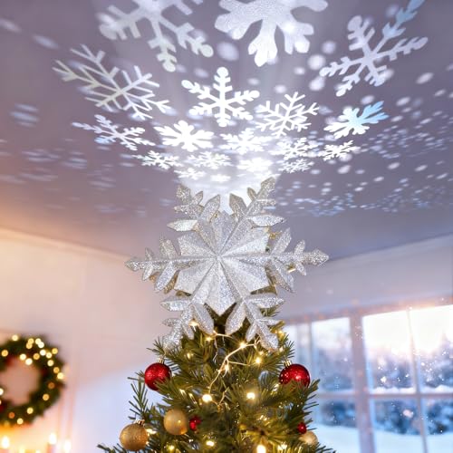 Silver Christmas Tree Topper with Built-in Rotating Snowflake LED Projector