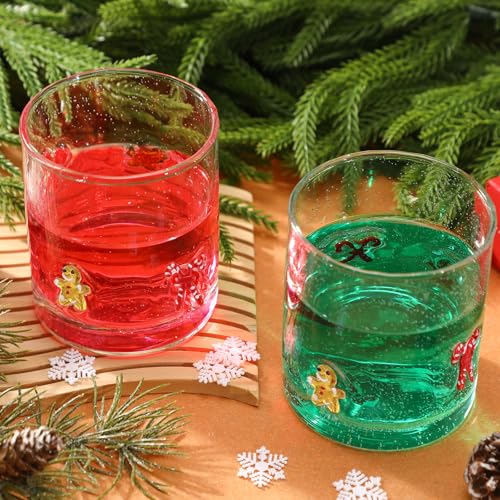 Bokon 2 Pack Christmas Icon Glass Cups, 14 oz Hand Blown Gingerbread & Candy Cane