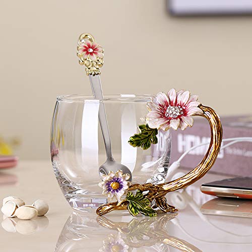11oz Enamel Sunflower Crystal Lead-Free Glass Tea Cup & Spoon Set – Perfect Gift for Christmas & Valentine's Day