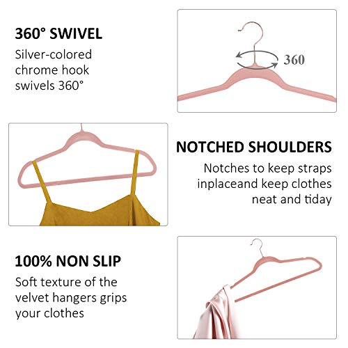 VECELO Premium Velvet Suit Heavy Duty-Non Slip & Space-Saving Clothes Hangers with 8 Finger Clips and Tie Rack for Men and Women (60 Pack), Pink