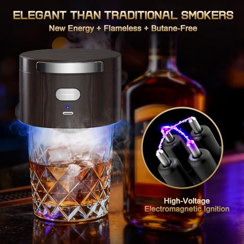 Aromara Brown Electric Whiskey Smoker Kit with 6 Flavor Wood Chips – Old Fashioned Whiskey Gift Set, Home Bar Accessories