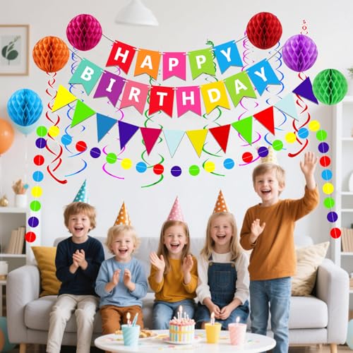 FECEDY Birthday Party Decorations Set with Banner, Honeycomb Balls and Confetti
