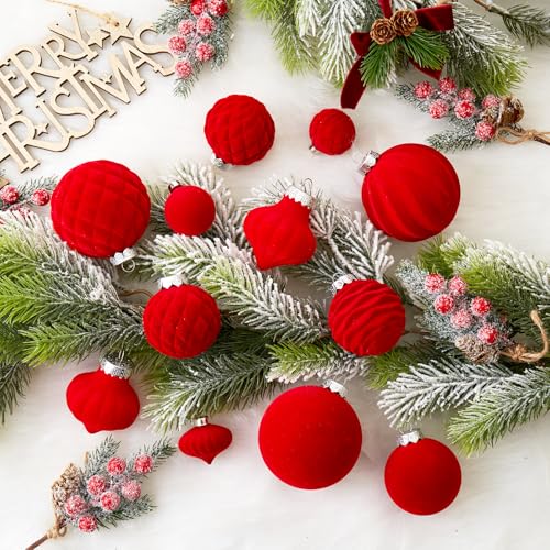 Wironlst 16ct Velvet Christmas Ornaments Set - 3.15" Flocked Matte Red Shatterproof Balls