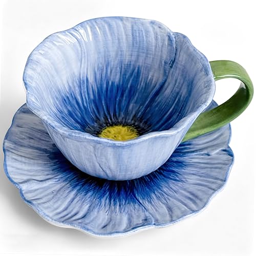 JUSONEY Blue Flower-Shaped Ceramic 10oz Latte & Tea Cup Set with Saucer