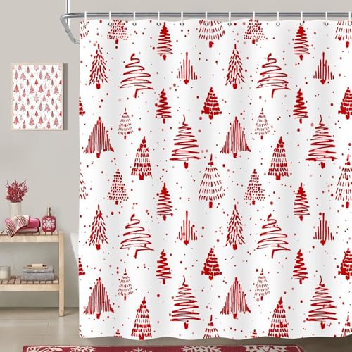 Emwnodti Red and White Christmas Shower Curtain 72x78 inch with 12 Hooks - Holiday Bathroom Decor