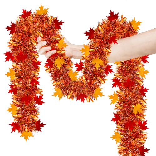50ft Fall Maple Leaves Tinsel Garland, Metallic Twist Autumn Harvest Decor