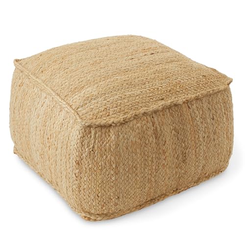 Braided Jute Square Pouf Ottoman - 22-Inch Woven Boho Footrest