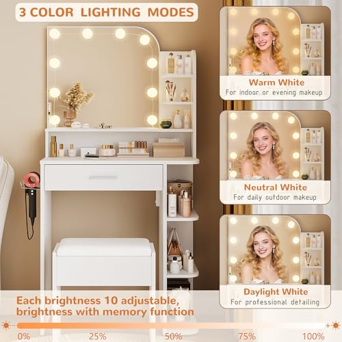 Small Makeup Vanity Desk with Mirror, Lights, Stool, and Charging Station