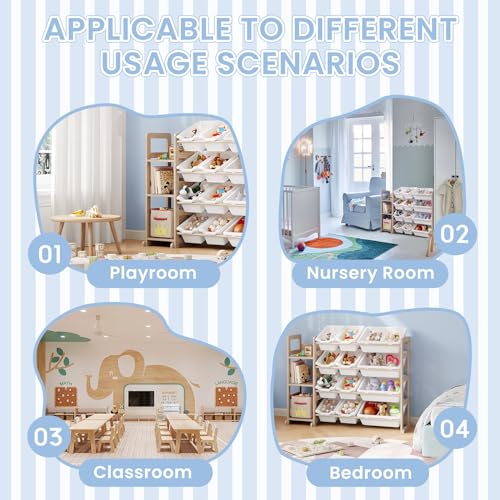 Solid Wood Kids Toy Storage Organizer with Bookshelf & 12 Bins, White
