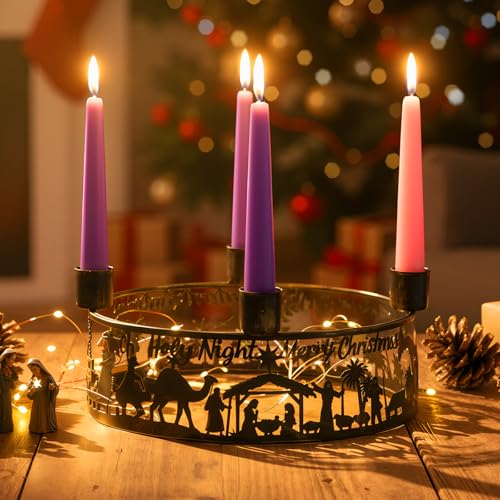 Metal Nativity Scene Advent Wreath Candle Holder - Christmas Centerpiece