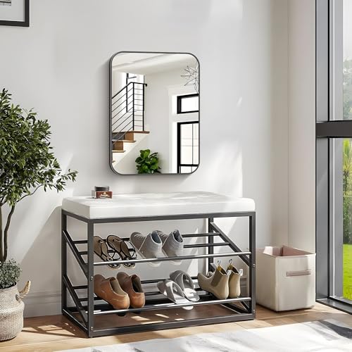 18x24 Inch Black Rectangle Wall Mirror, Shatterproof Metal Framed Vanity Mirror