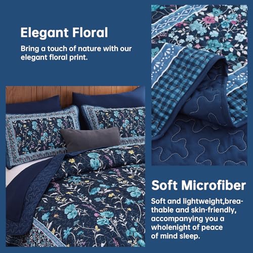 Floral Quilt Set King Size - 3-Piece Navy Blue Botanical Bedspread