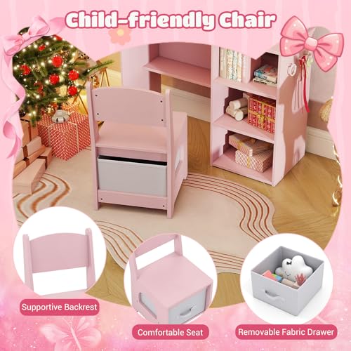 Kids Vanity Set with Lighted Mirror, Drawer, and Chair - Pink Dressing Table