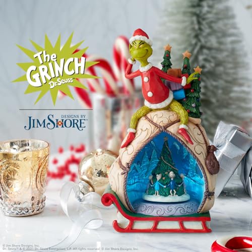 Animated Grinch Figurine with Rotating Scene and LED Lights - 11.5 Inch Collectible Christmas Decor