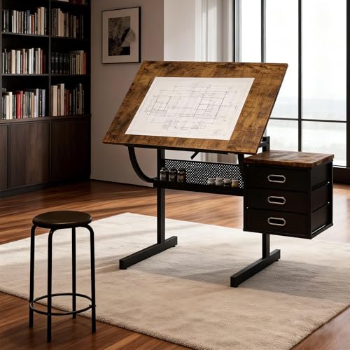 Adjustable Drafting Table and Stool Set with 3 Drawers, Black