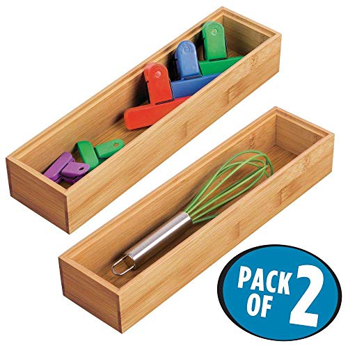 mDesign Slim Wooden Bamboo Drawer Organizer - 12" Long Stackable Storage Box Tray for Kitchen Drawers/Cabinet - Utensil, Silverware, Spatula, Flatware Holder - Echo Collection, 2 Pack, Natural Wood