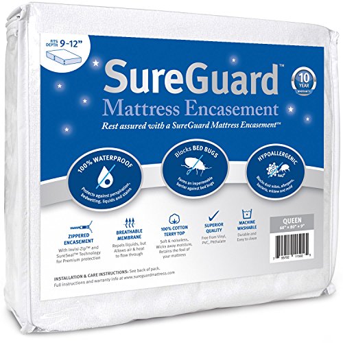 SureGuard Queen Mattress Encasement - 6-Sided Waterproof & Bed Bug Proof