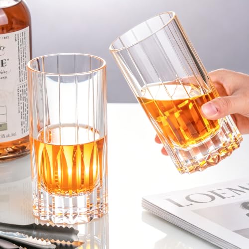 KAMMAK Hand Blown Crystal Collins Glasses Set of 2 - White, 10.8oz Highball Tumblers for Cocktails & Spirits