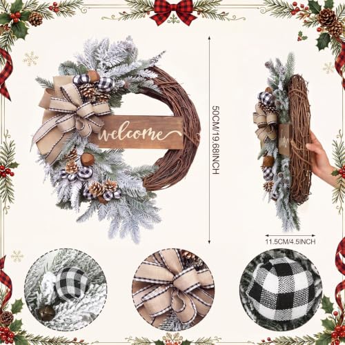 Winter Norfolk Pine Wreath with Cones - 19.69in Snowy Front Door Decor (Suncalla, Pine Cones)