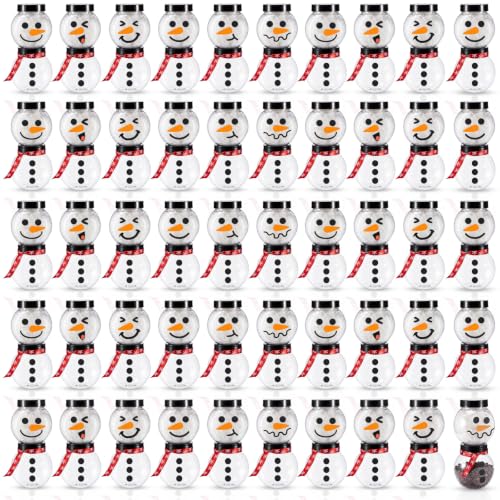 Jingmore 100 Pcs Christmas Snowman Candy Jars with Snowflake Red Ribbon - Holiday Treat Storage