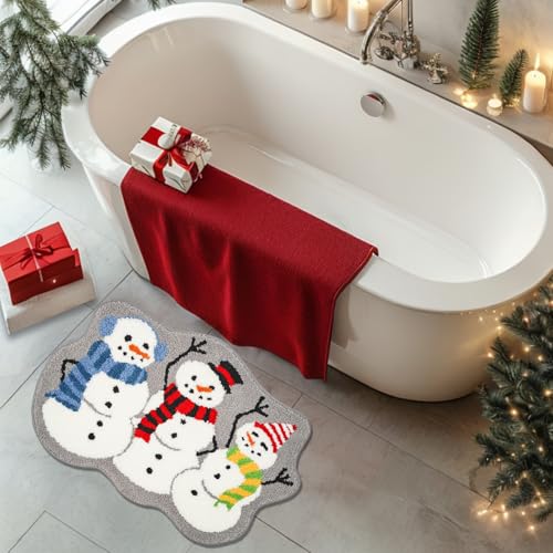 Christmas Snowman Bathroom Rug Set 2 Pack | Winter Holiday Bath Mats 34x18 & 30x20 Inches
