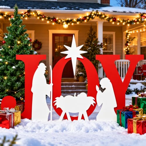 TOMETOTES 48in Outdoor Nativity Set Joy Sign - Red/White, Waterproof PVC Yard Decor
