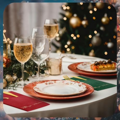 Merry Christmas 100 Pcs Pocket Napkins with Built-in Flatware Pocket (50 Red, 50 Green) - Linen-Feel Disposable