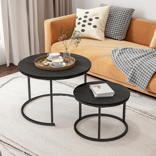 Round Nesting Coffee Table Set of 2, Wood and Metal Stackable Side Tables